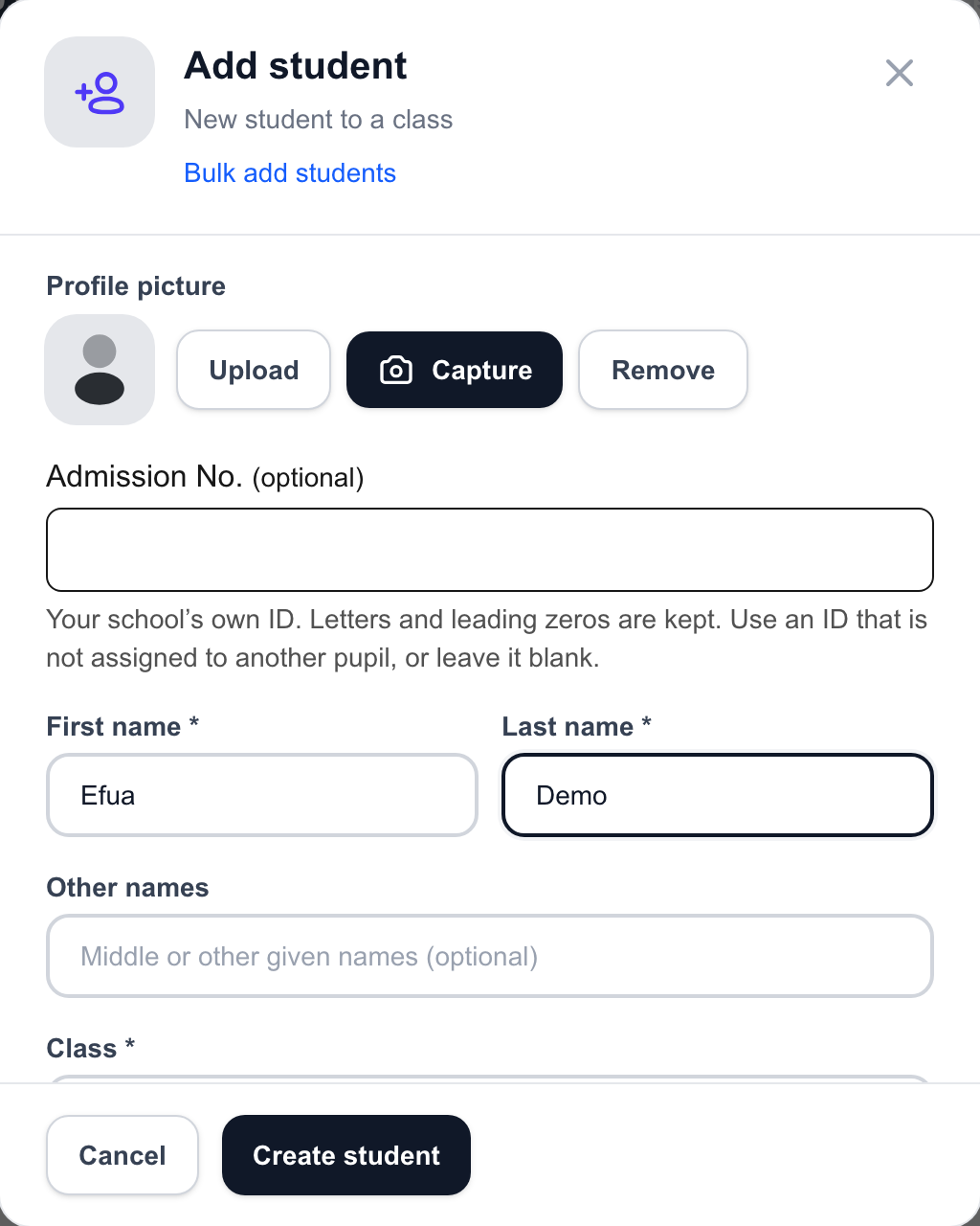 School Fees add a student screen with fictional Maple Grove Demo School data