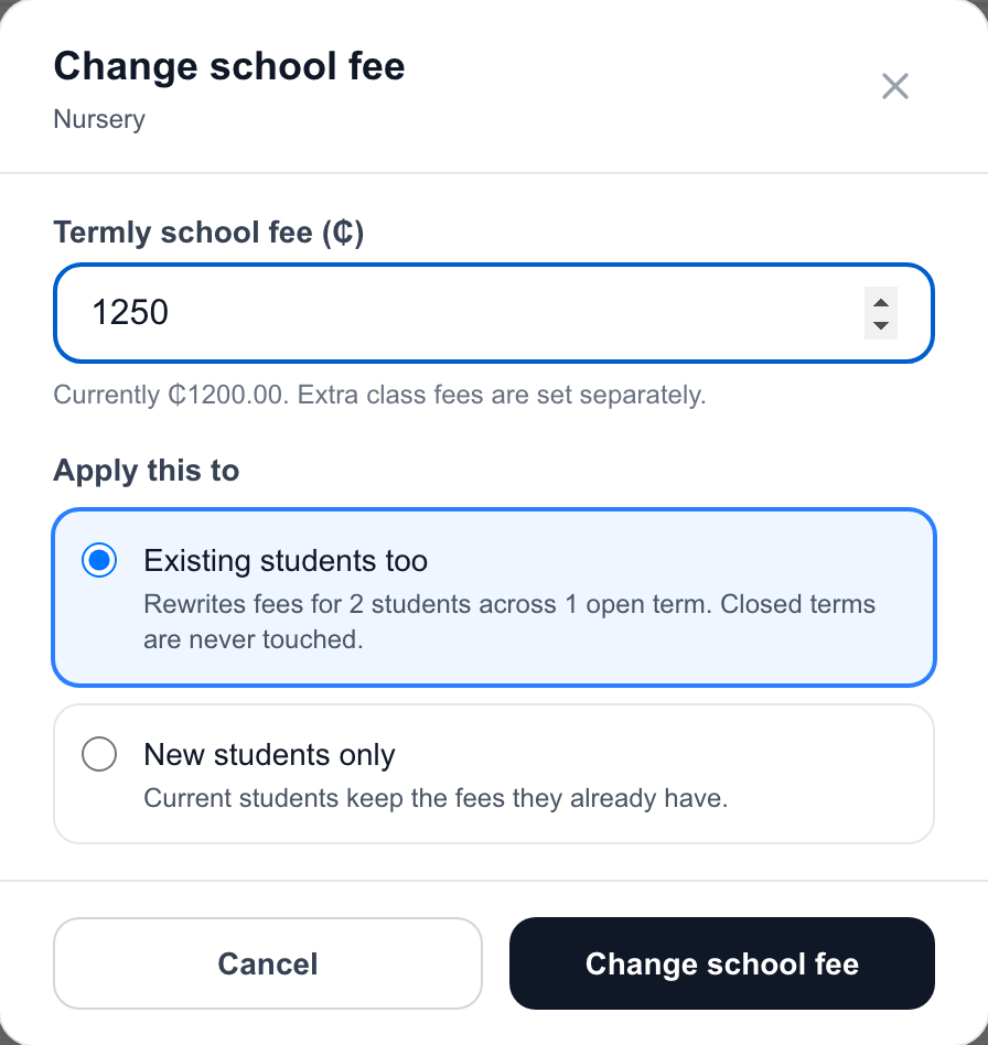 School Fees set the termly school fee screen with fictional Maple Grove Demo School data