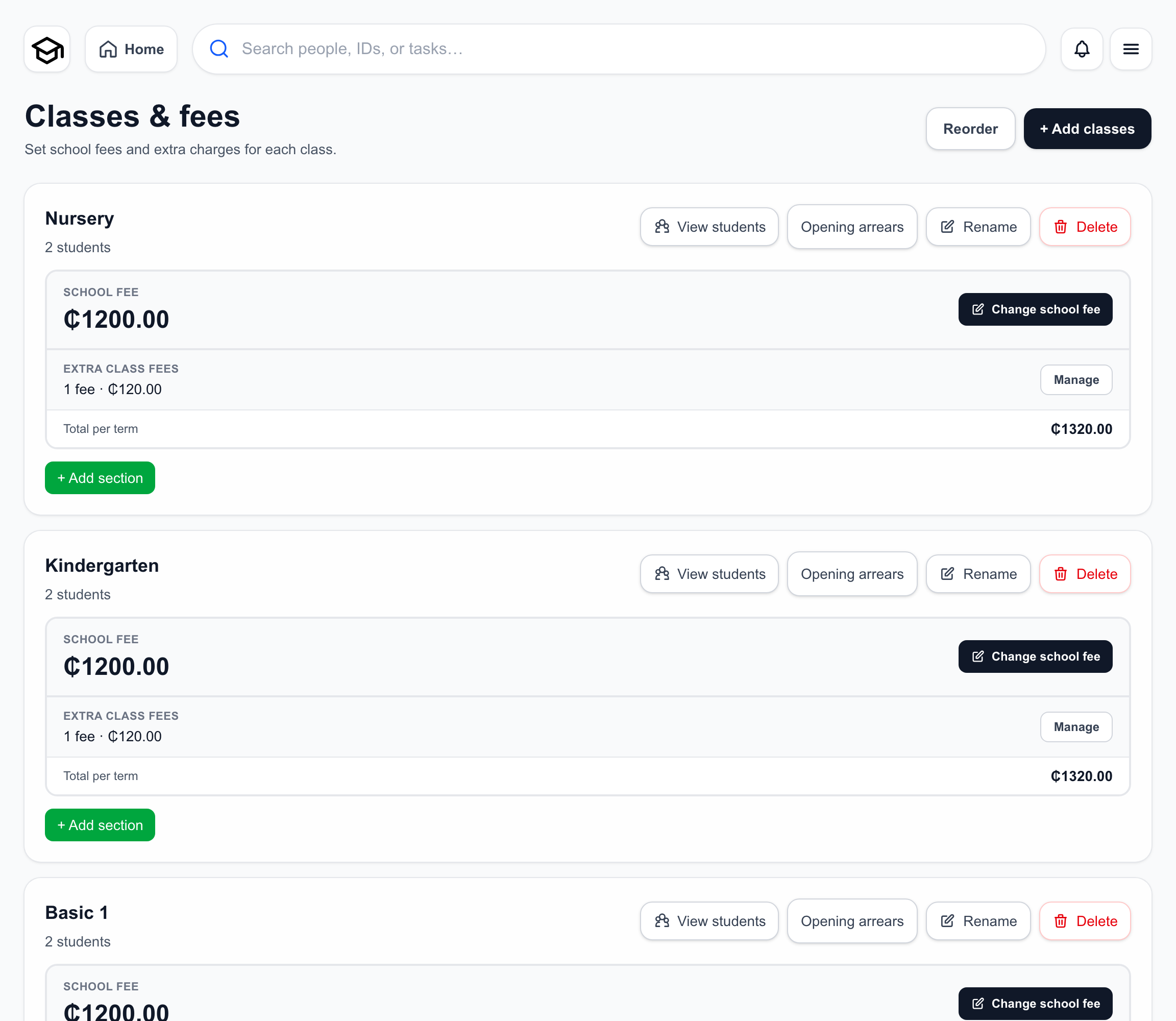 School Fees create your classes screen with fictional Maple Grove Demo School data