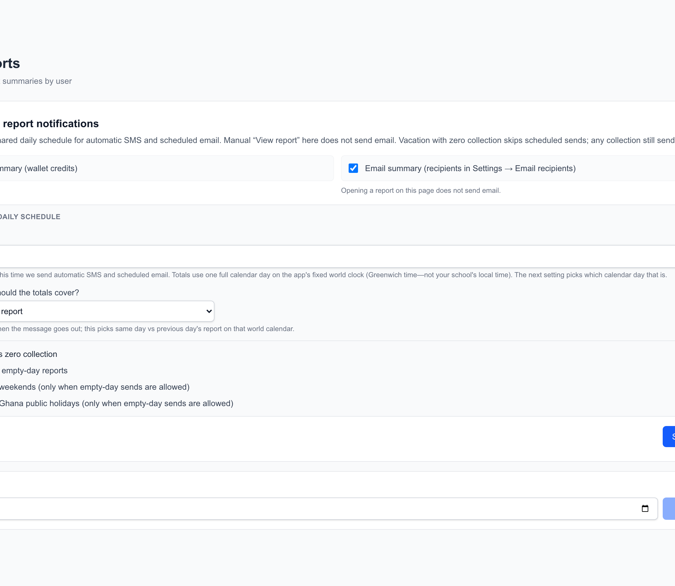 School Fees notifications and delivery screen with fictional Maple Grove Demo School data