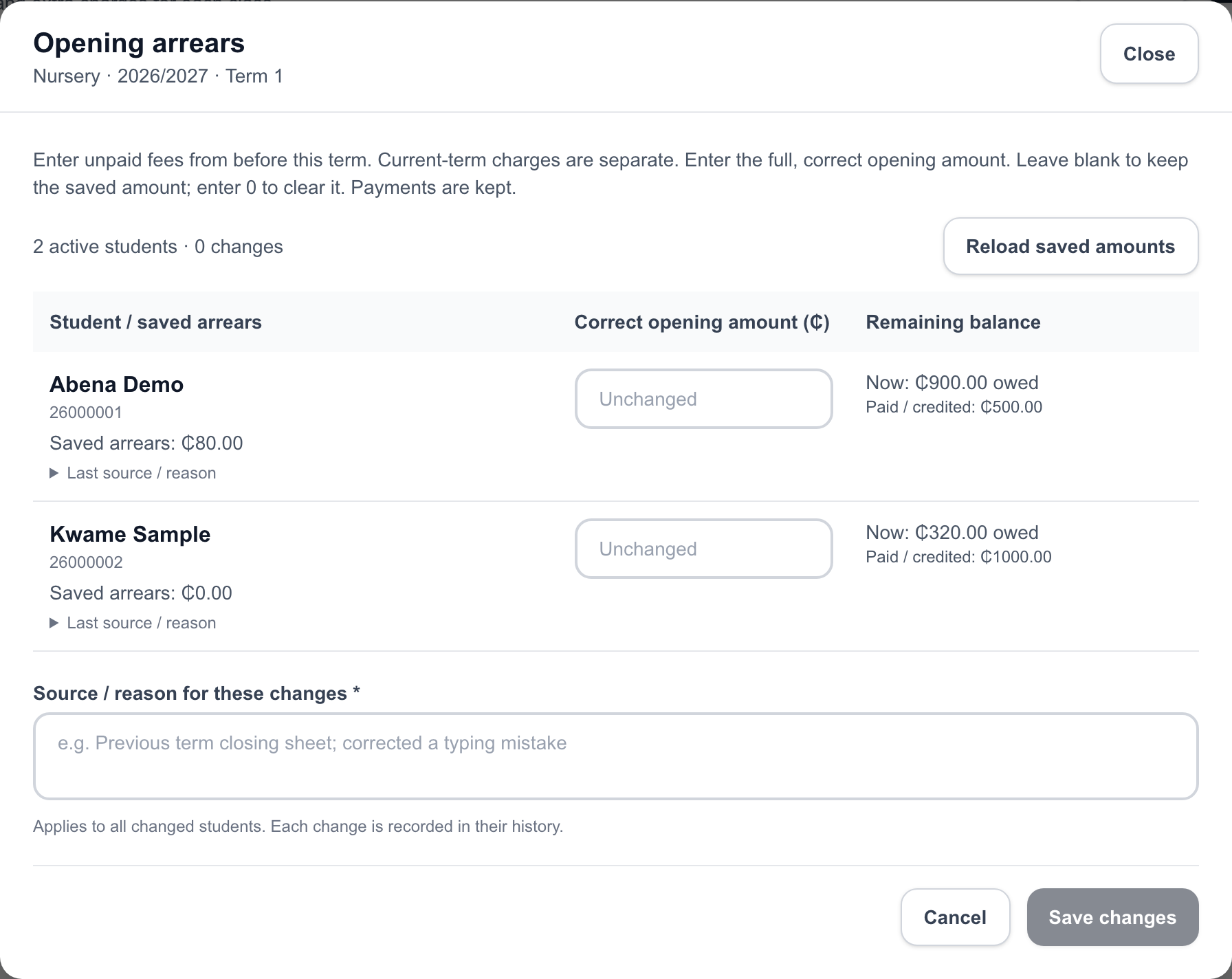School Fees record or review a class list screen with fictional Maple Grove Demo School data