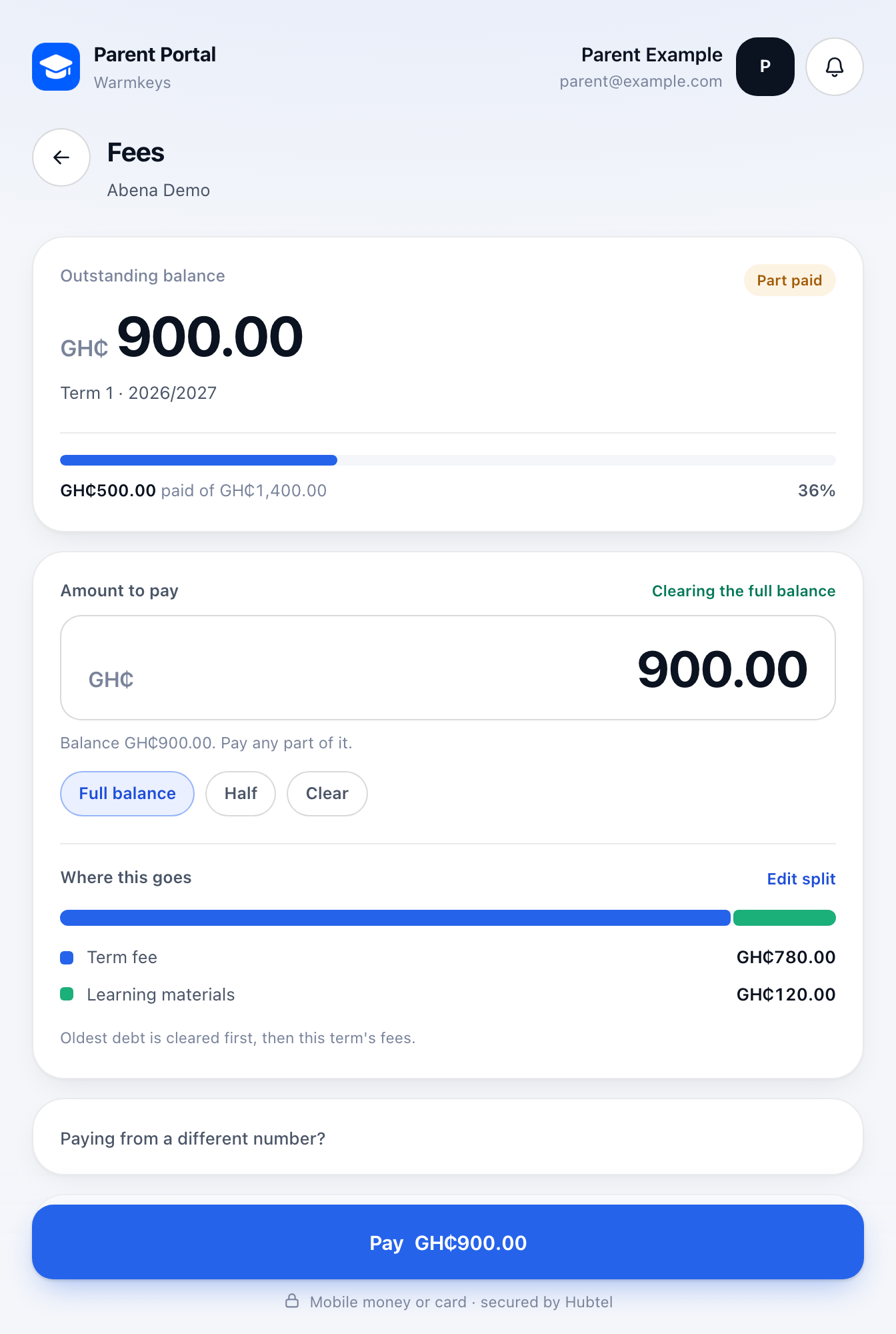 School Fees pay when online payments are available screen with fictional Maple Grove Demo School data
