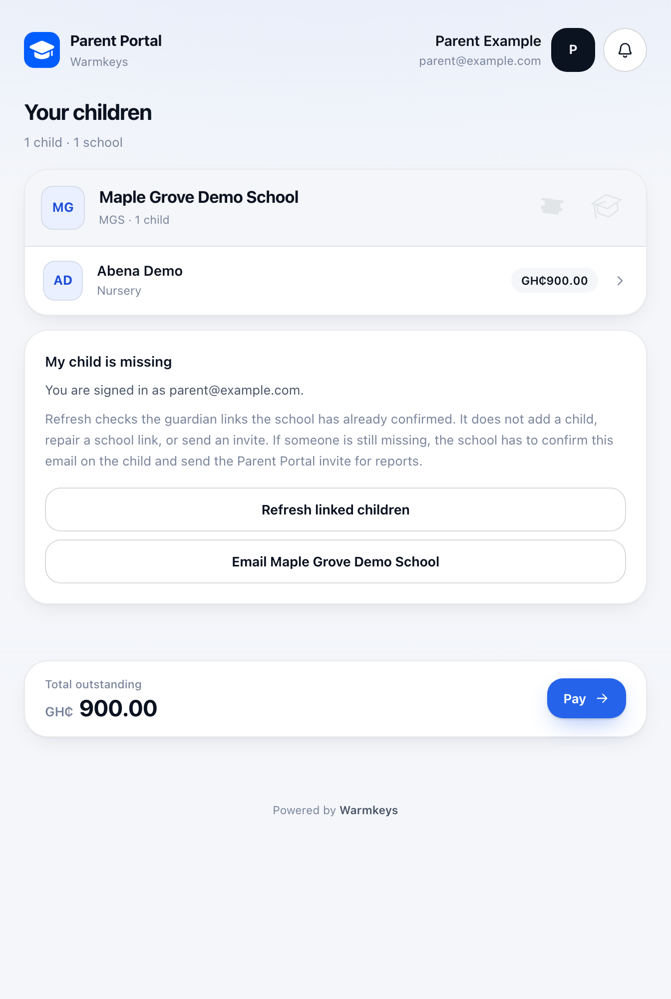 School Fees find your child and school screen with fictional Maple Grove Demo School data