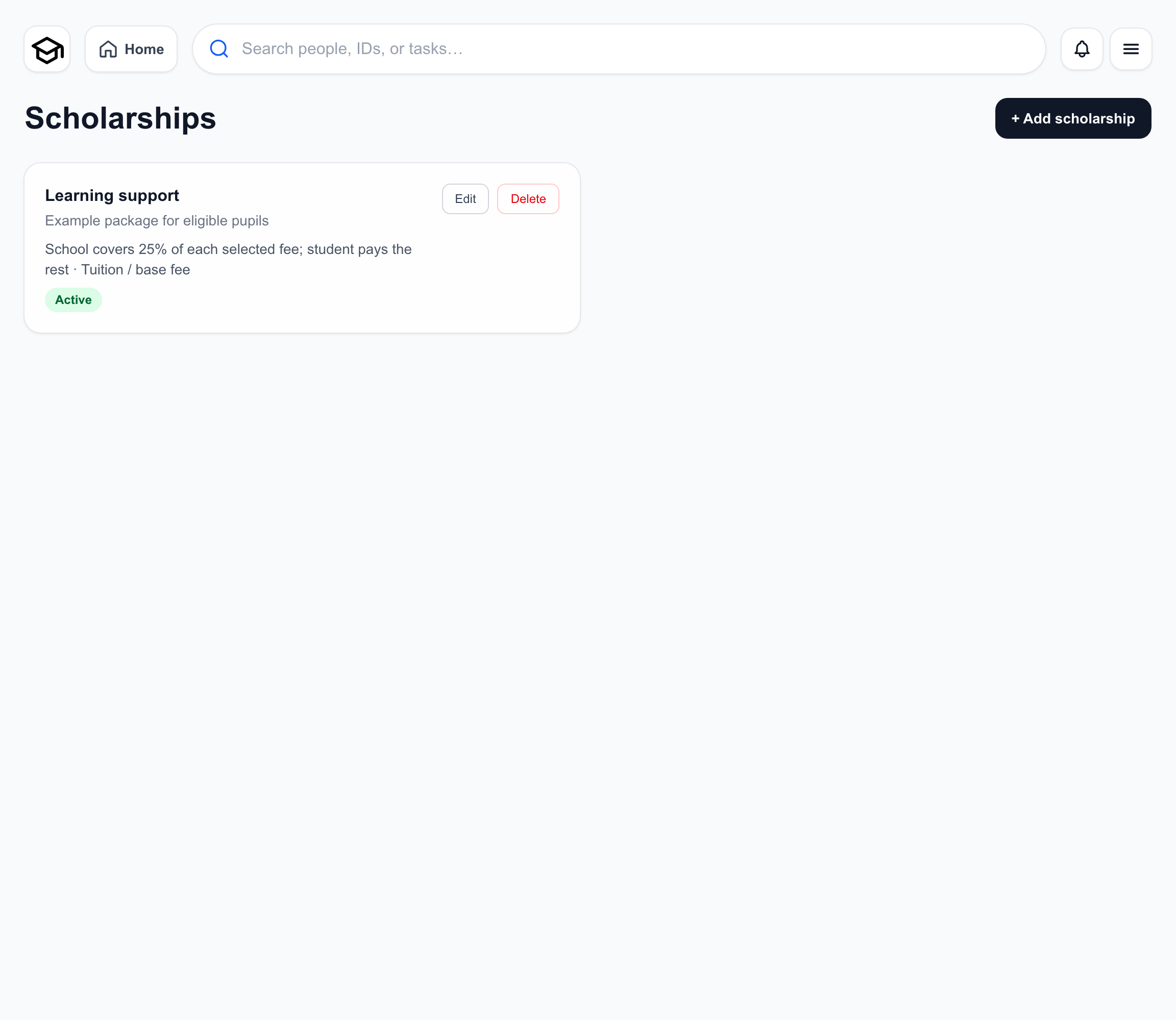 School Fees create a scholarship package screen with fictional Maple Grove Demo School data
