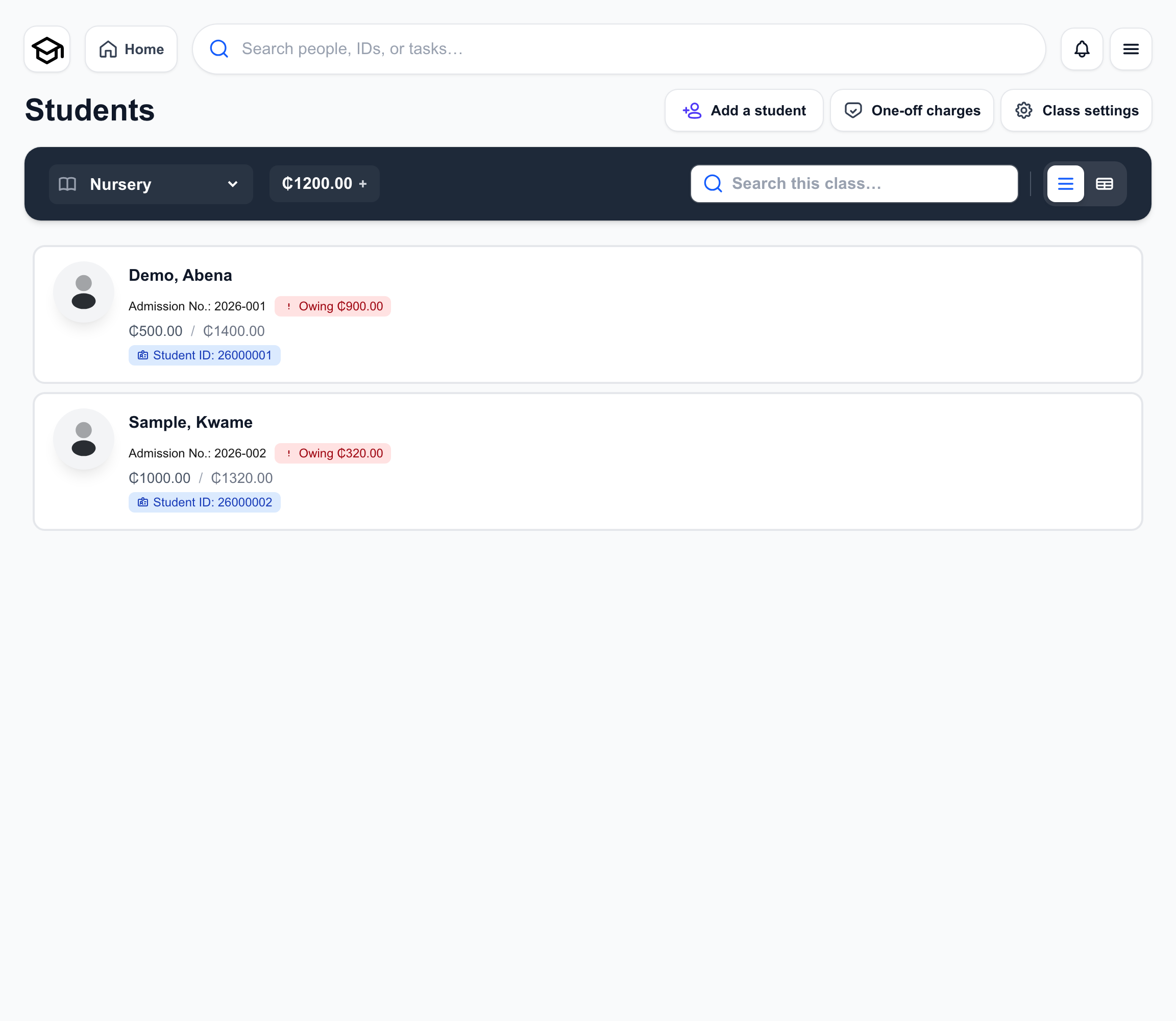 School Fees understand the two ids screen with fictional Maple Grove Demo School data