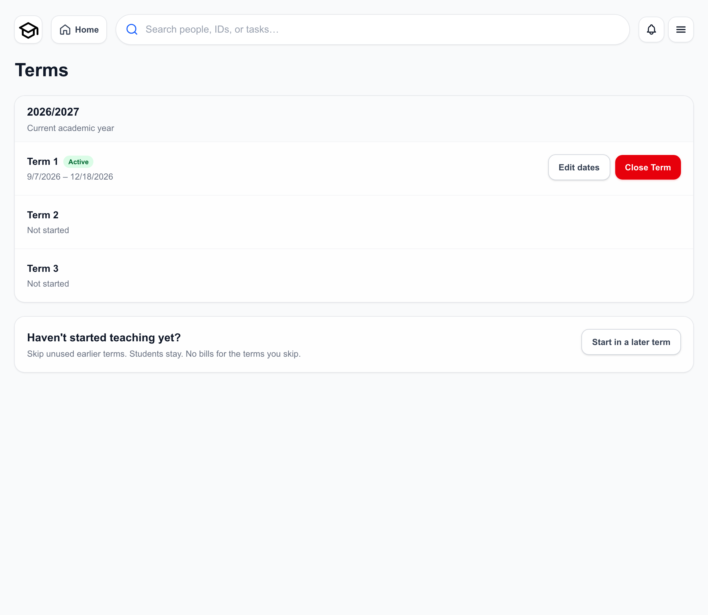 School Fees set up the current term screen with fictional Maple Grove Demo School data