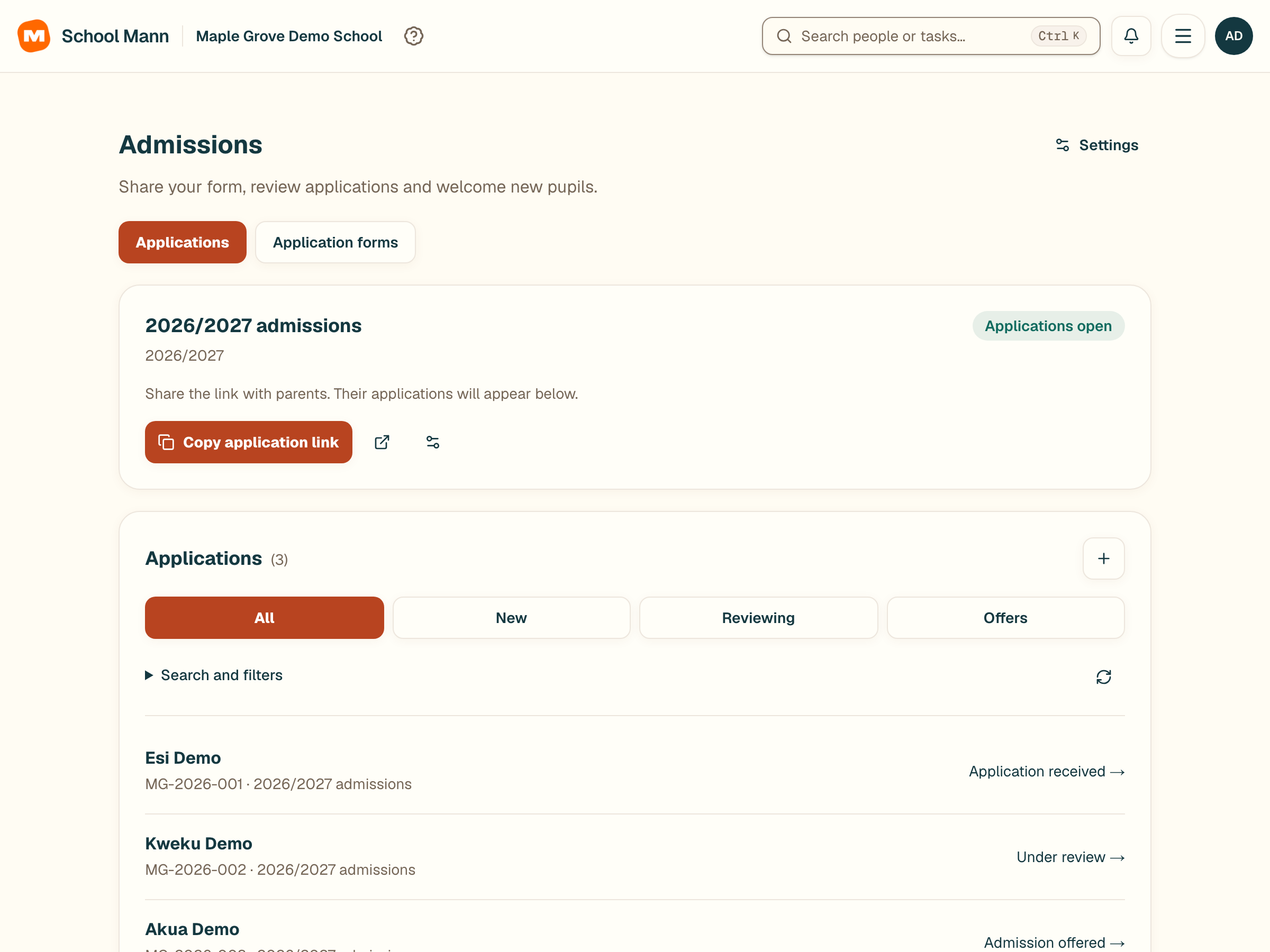 School Mann prepare an application form screen with fictional Maple Grove Demo School data