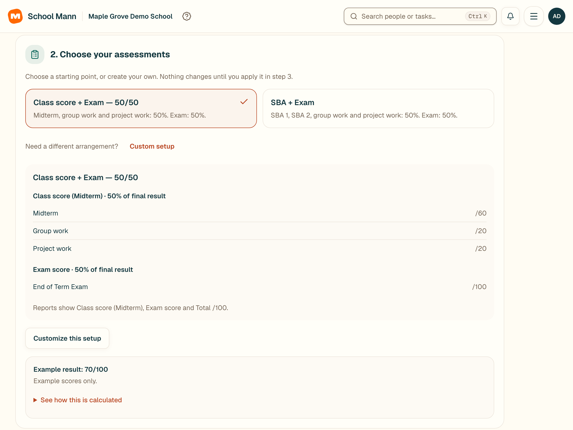 School Mann choose and review the arrangement screen with fictional Maple Grove Demo School data