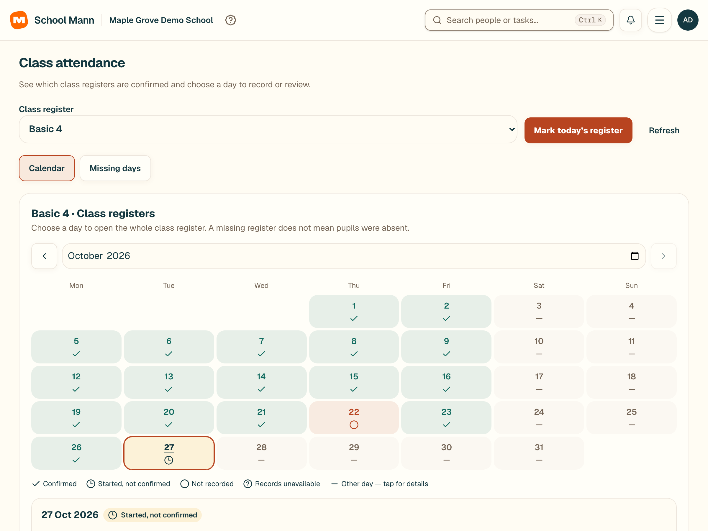 School Mann open the class attendance calendar screen with fictional Maple Grove Demo School data