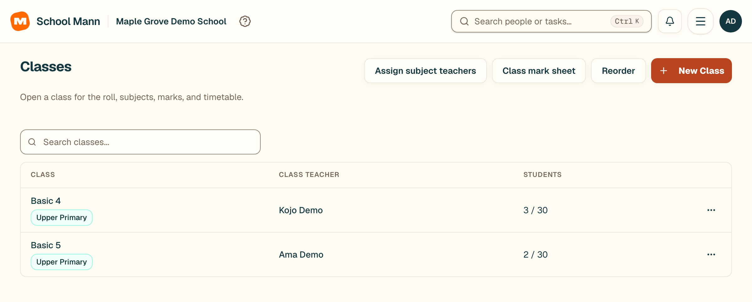 School Mann prepare the school and people screen with fictional Maple Grove Demo School data