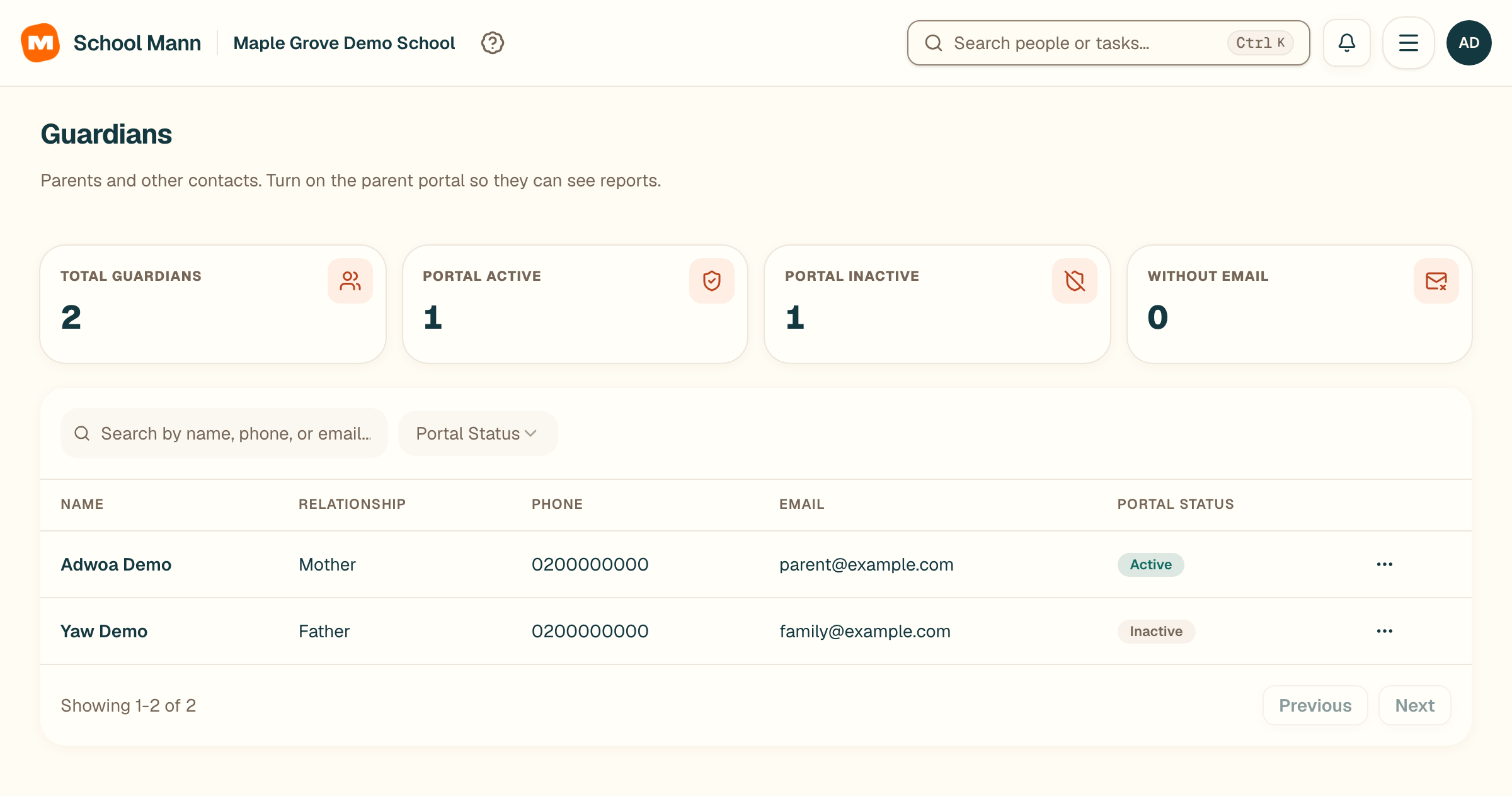School Mann review the guardian list screen with fictional Maple Grove Demo School data