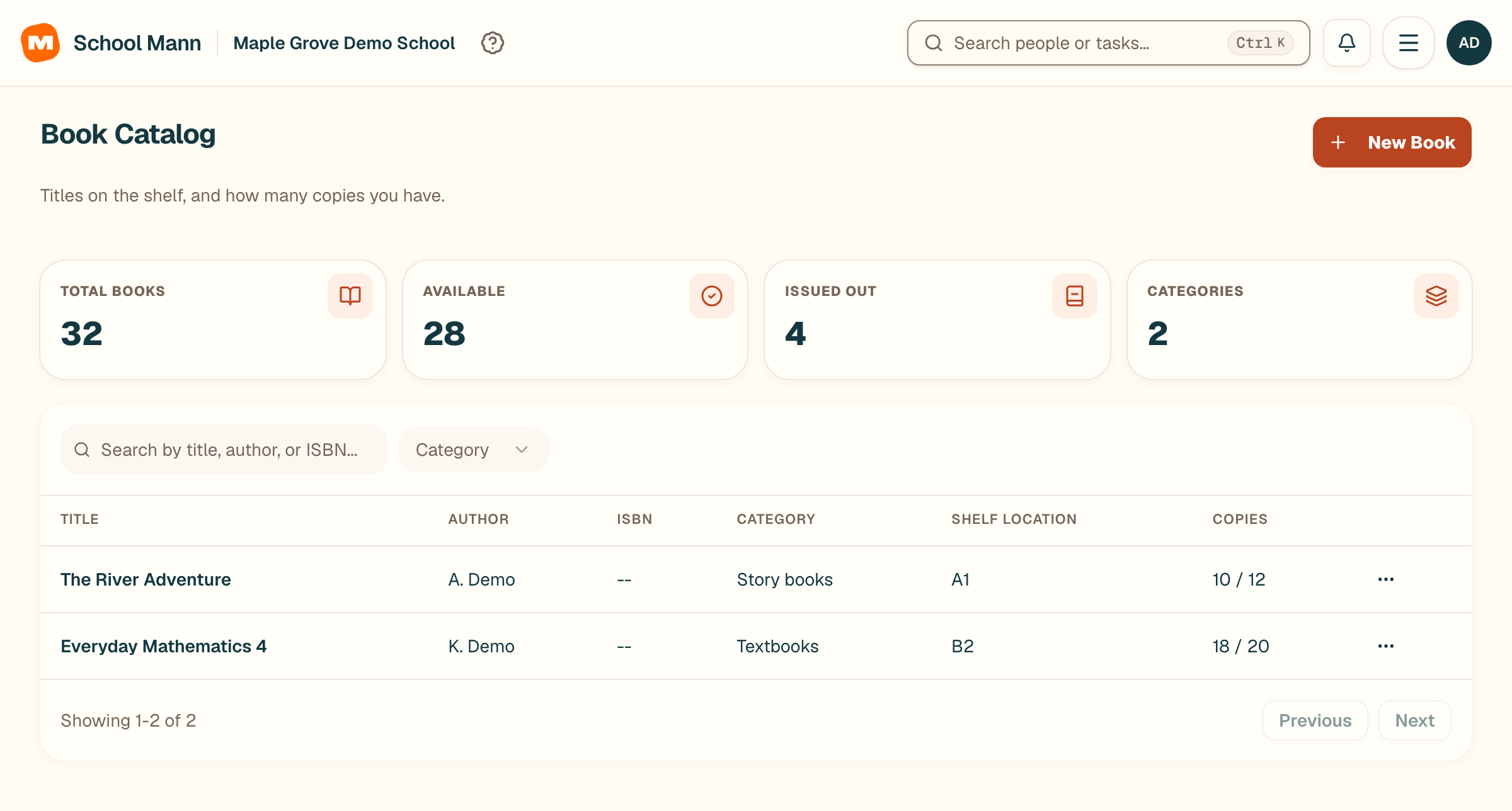 School Mann maintain the book catalogue screen with fictional Maple Grove Demo School data