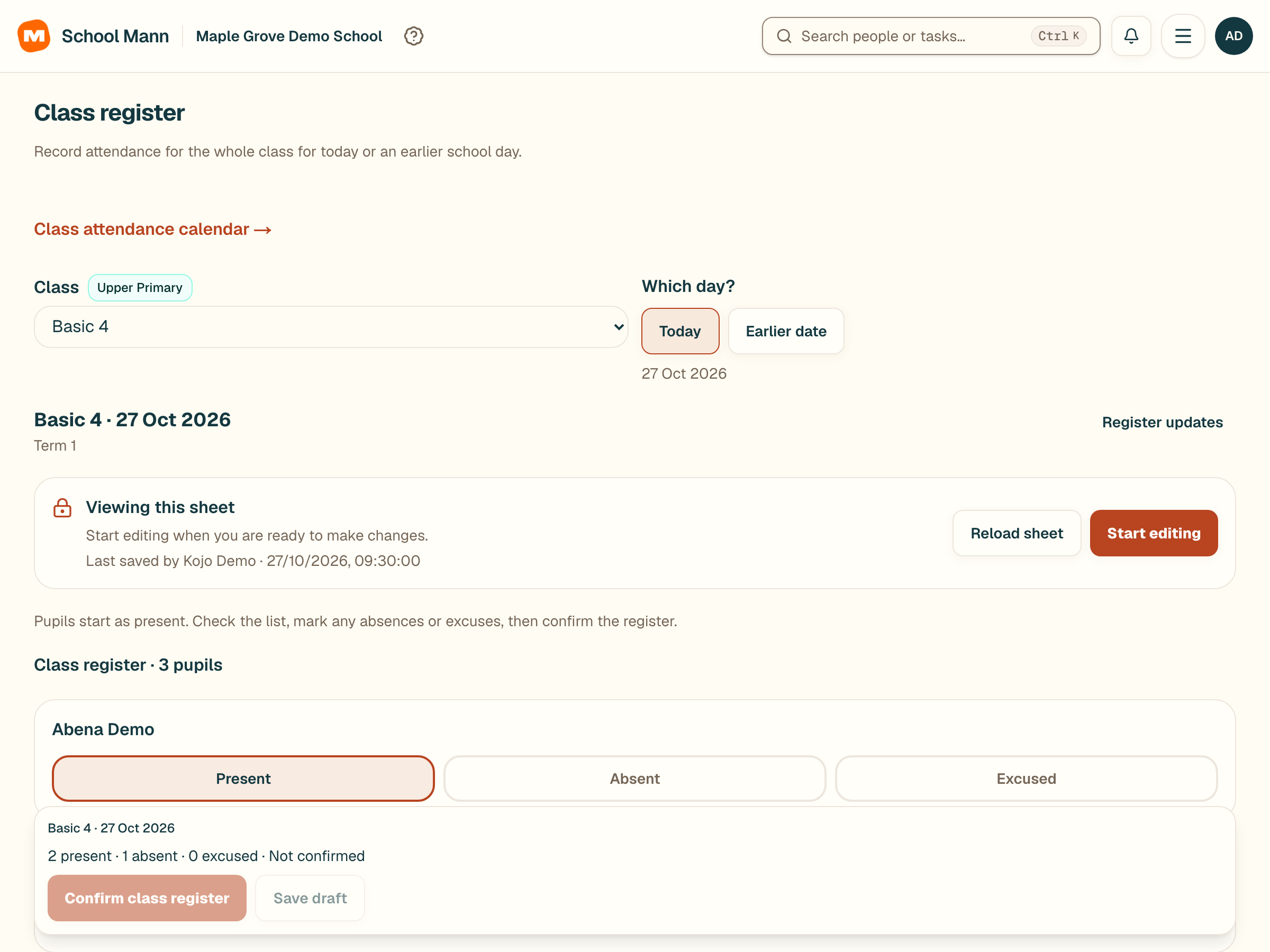School Mann choose the class and school day screen with fictional Maple Grove Demo School data
