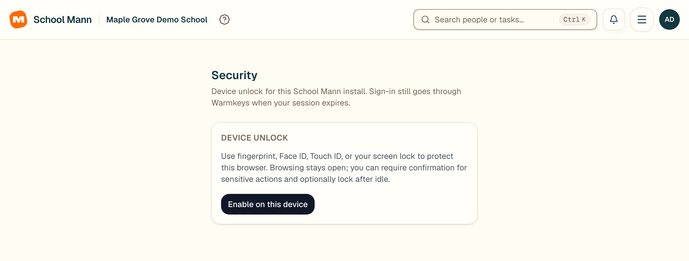 School Mann set up device unlock screen with fictional Maple Grove Demo School data