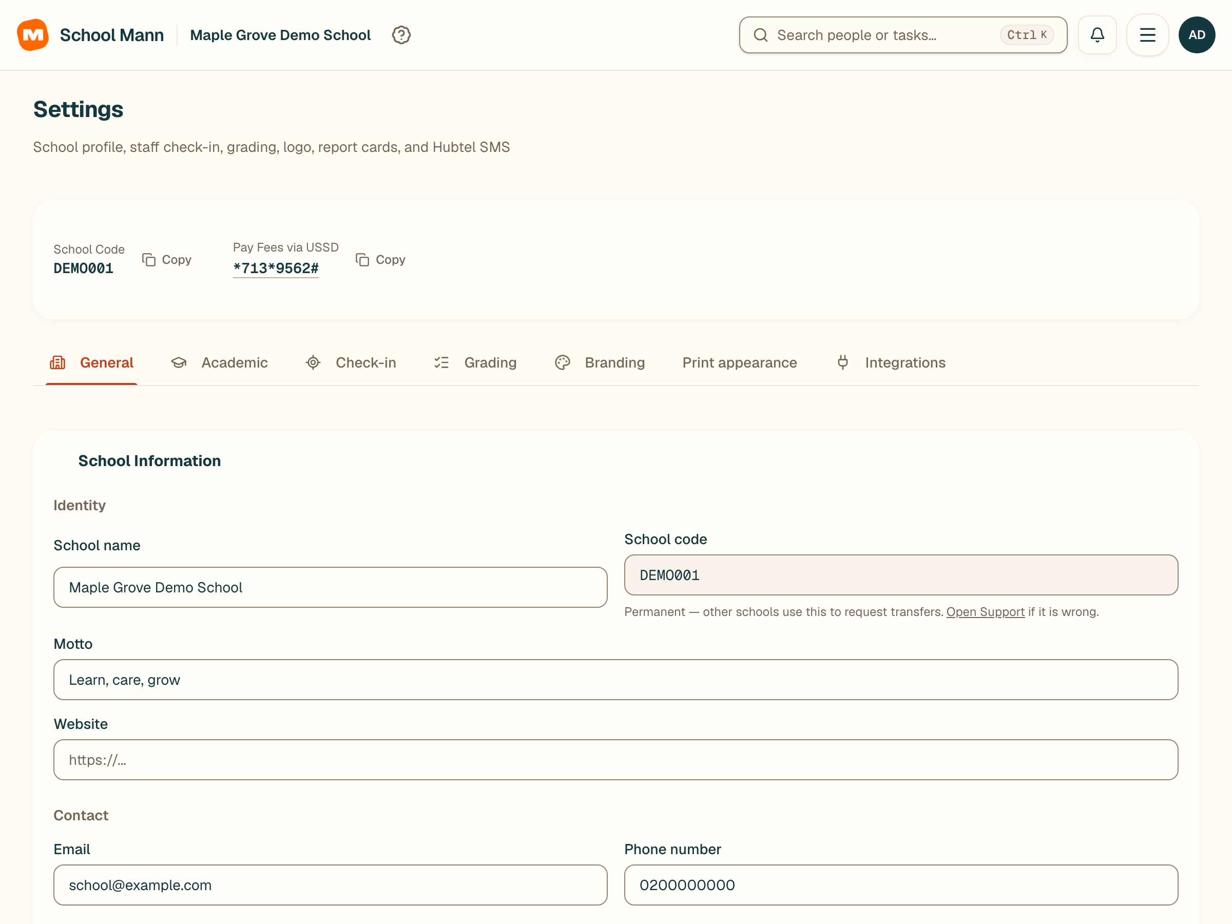 School Mann update the school profile screen with fictional Maple Grove Demo School data