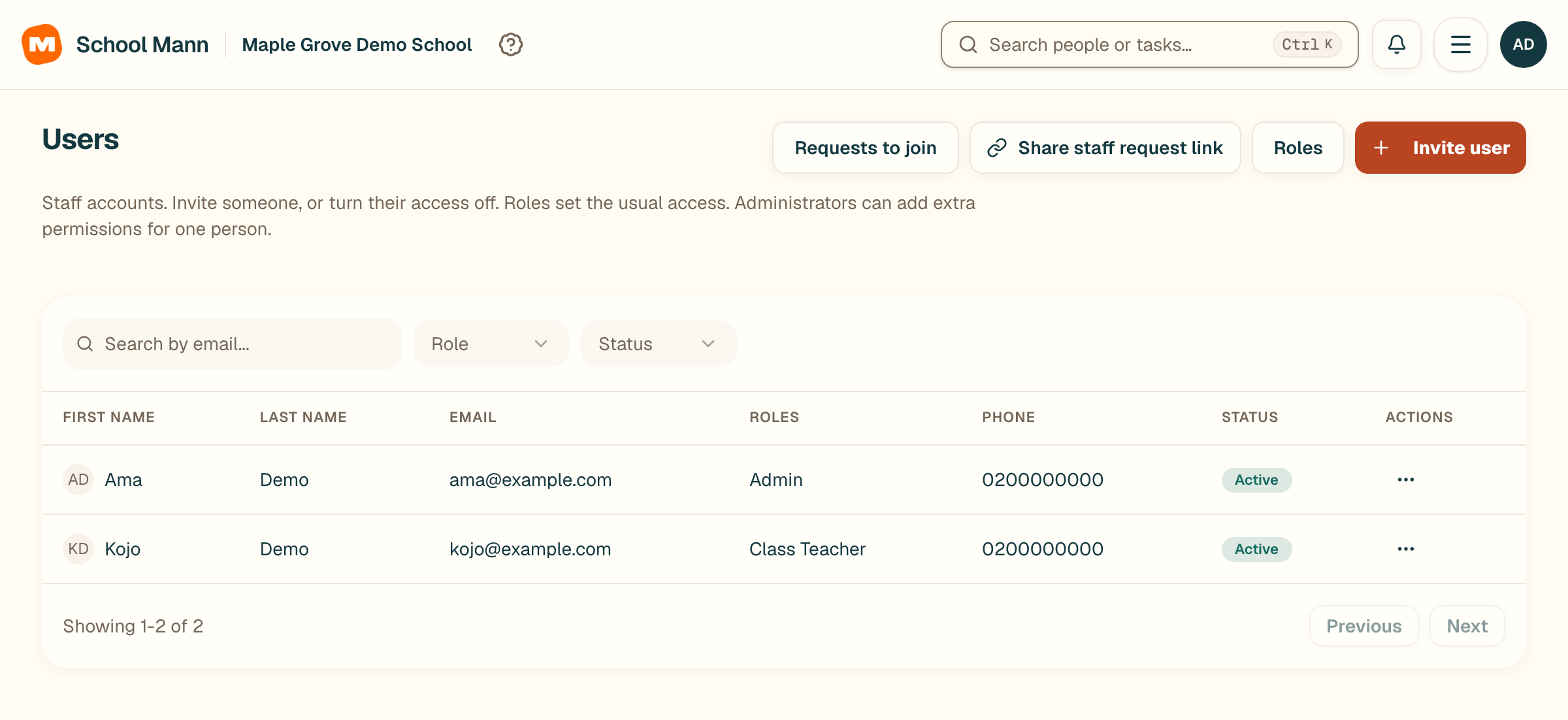 School Mann invite a staff member screen with fictional Maple Grove Demo School data