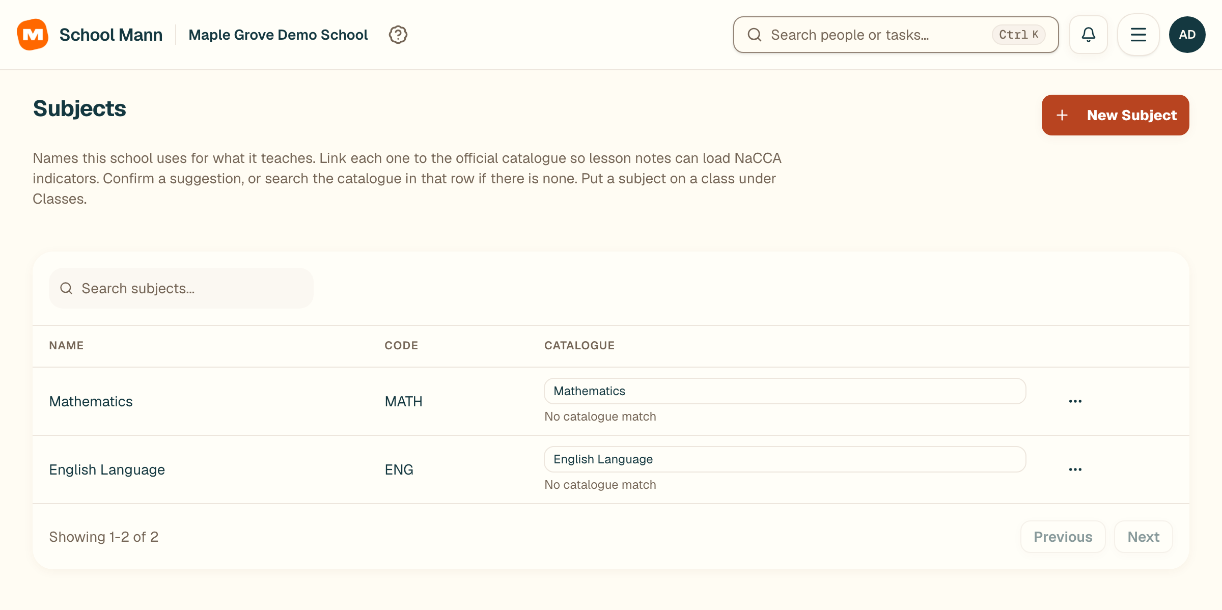 School Mann review the subject list screen with fictional Maple Grove Demo School data