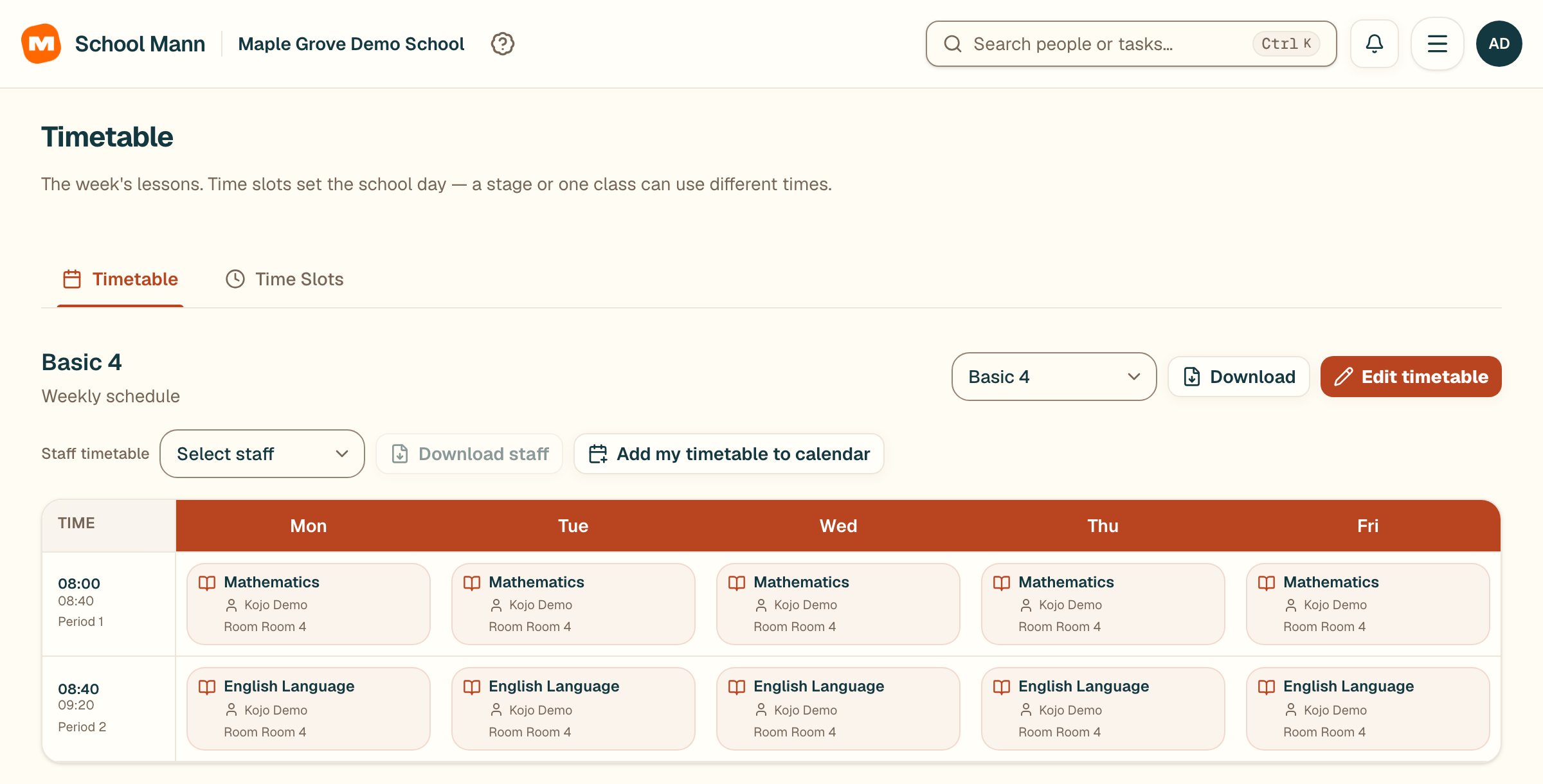 School Mann review the school day screen with fictional Maple Grove Demo School data